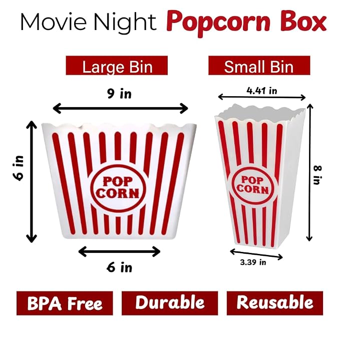 Large and small reusable movie night popcorn bin dimensions