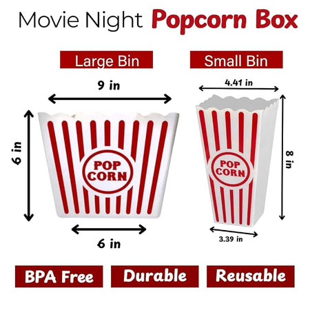 Large and small reusable movie night popcorn bin dimensions