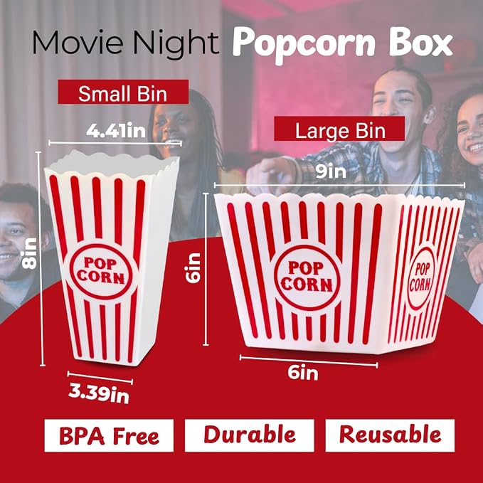 Wownic reusable small and large movie night popcorn bin dimensions
