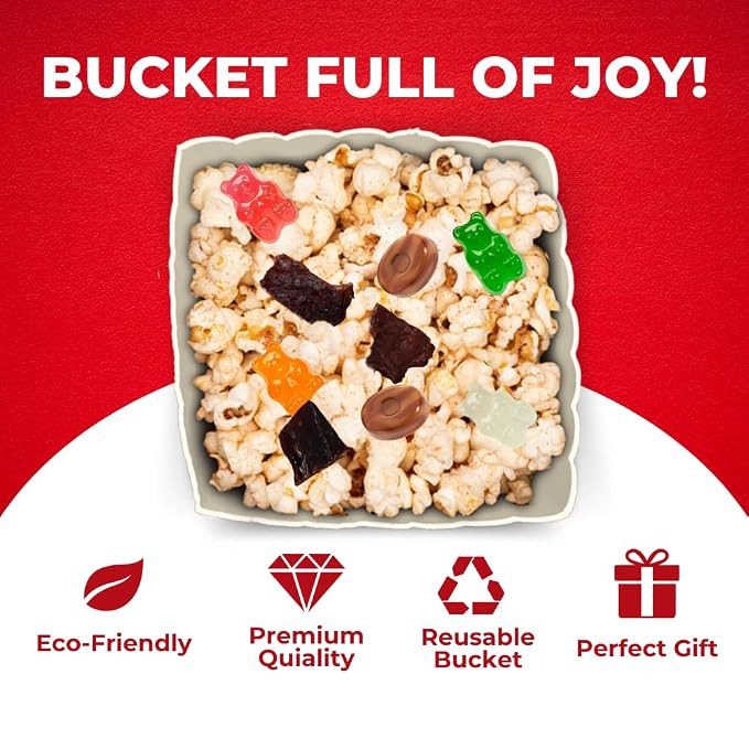 Wownic reusable popcorn bucket filled with popcorn and assorted treats
