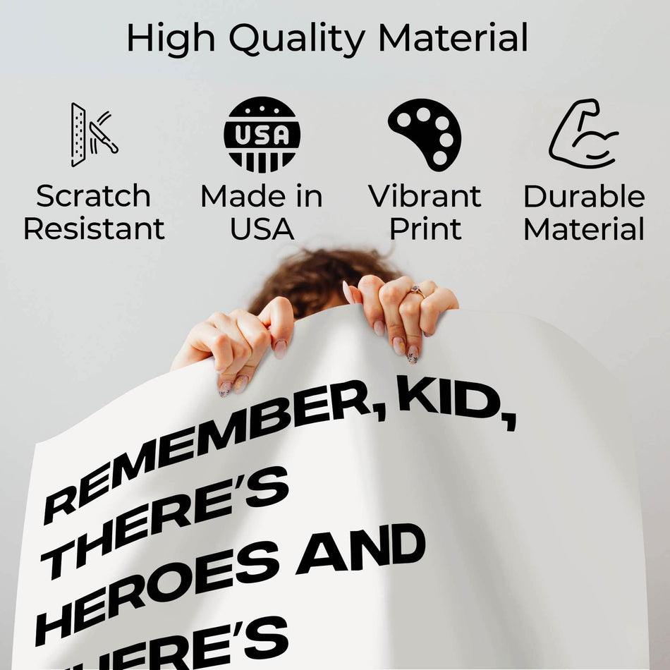 Wownic Sandlot quote poster quality guide showing scratch-resistant material, Made in USA, vibrant print and durable construction
