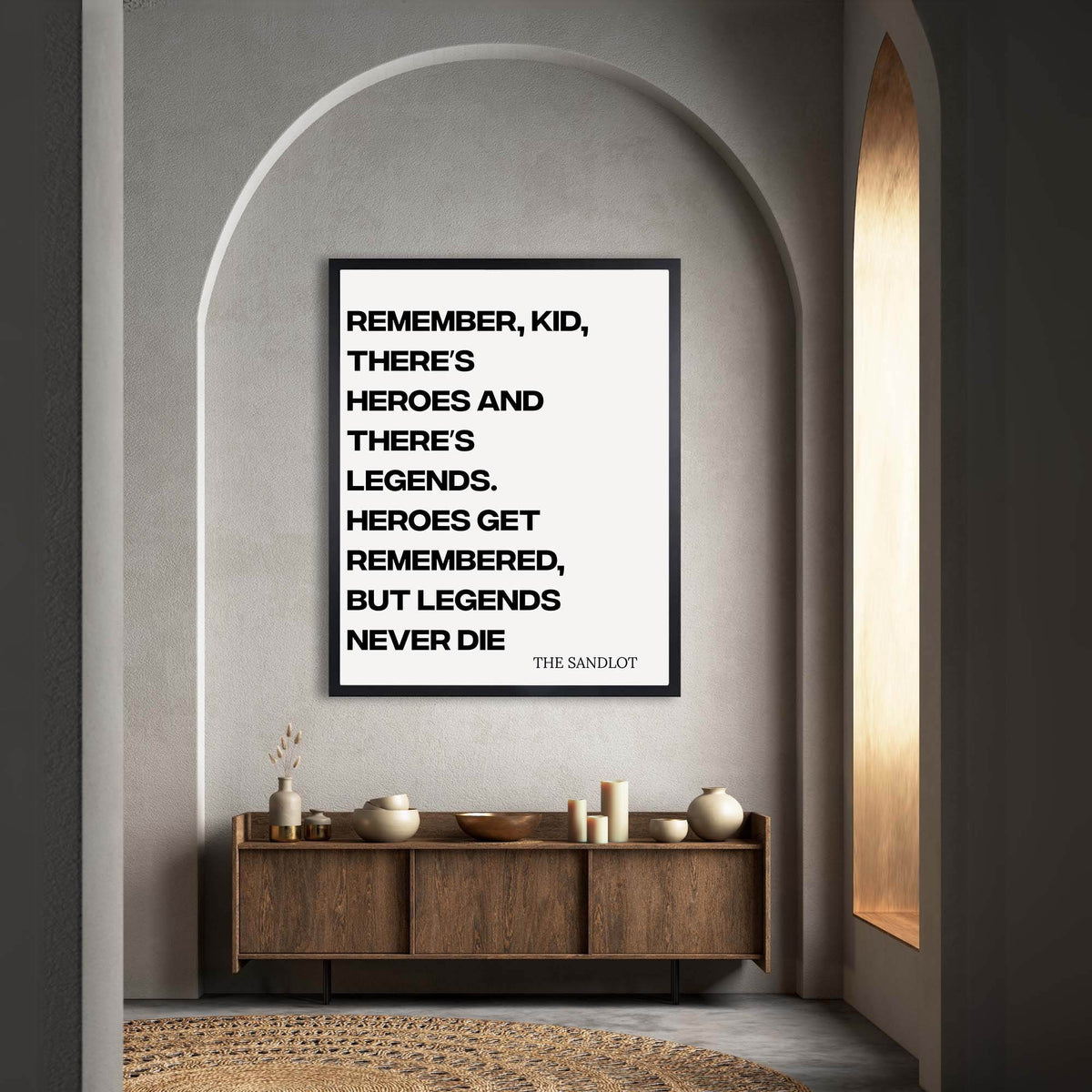 Wownic baseball motivational quote wall art displayed as a framed poster above a modern wood console