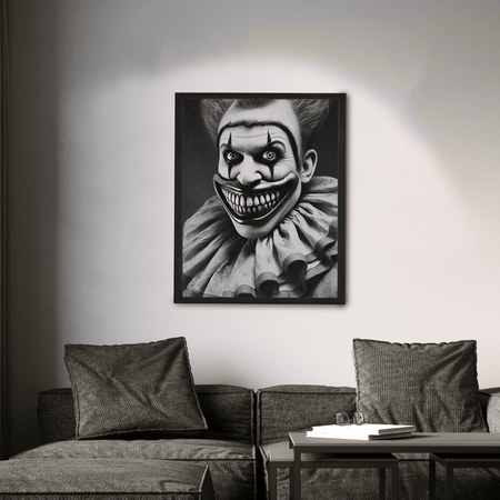 Wownic vintage scary clown poster displayed as framed black-and-white horror wall art above a modern sofa