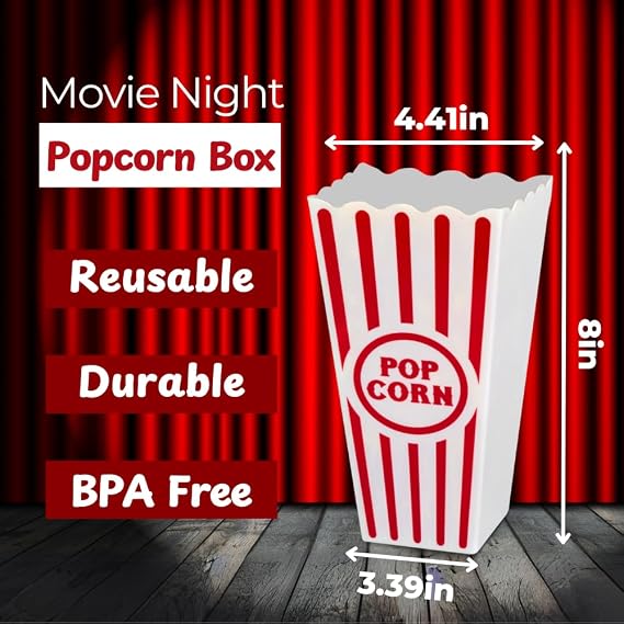 Wownic small movie night popcorn bucket showing 8 inch height and 4.41 inch top width