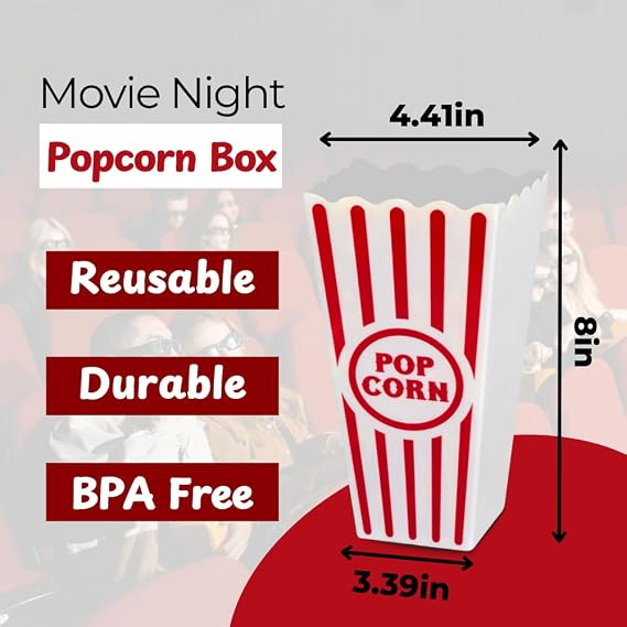 Wownic small popcorn bucket dimensions showing 8 inch height and 4.41 inch top width