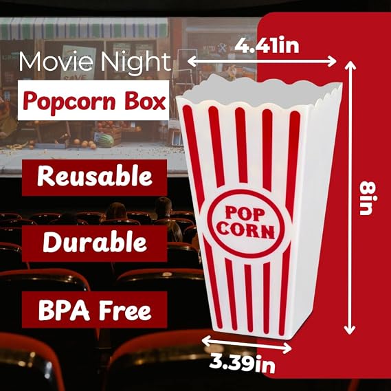 Wownic small popcorn bucket dimensions showing 8 inch height and 4.41 inch top width