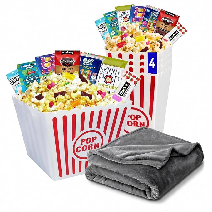 Wownic family movie night gift basket with snack assortment reusable popcorn bins and fleece blanket