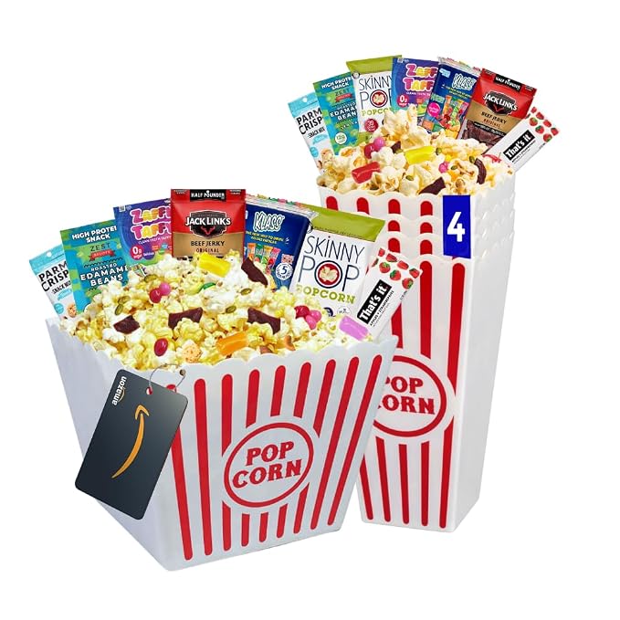Wownic sugar-free family movie night gift basket with assorted snacks and popcorn bins