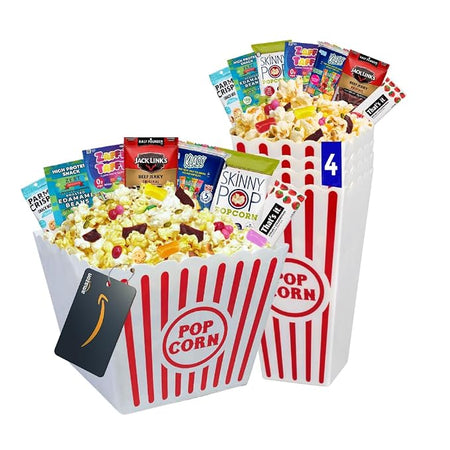 Wownic sugar-free family movie night gift basket with assorted snacks and popcorn bins