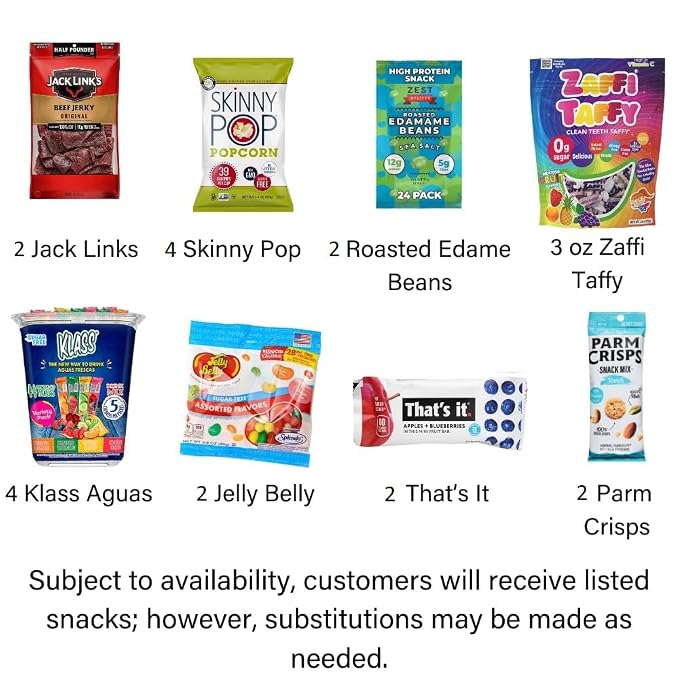Wownic movie night gift basket contents with SkinnyPop Jack Link's edamame Klass Aguas Jelly Belly and fruit snacks