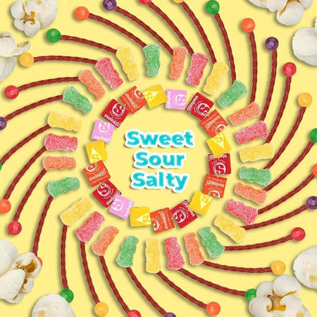 Sweet sour and salty movie night candy assortment with popcorn and colorful treats
