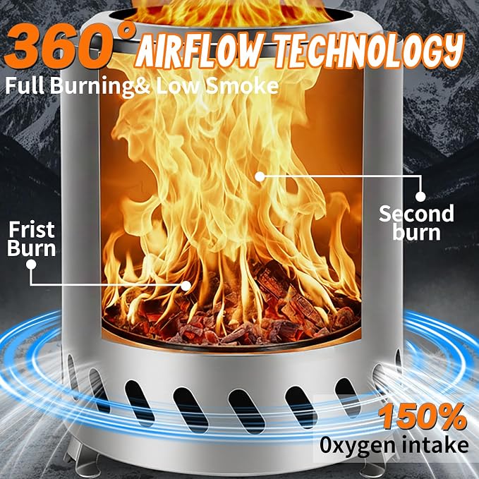 Wownic tabletop fire pit with 360 degree airflow and secondary burn design for efficient low-smoke burning