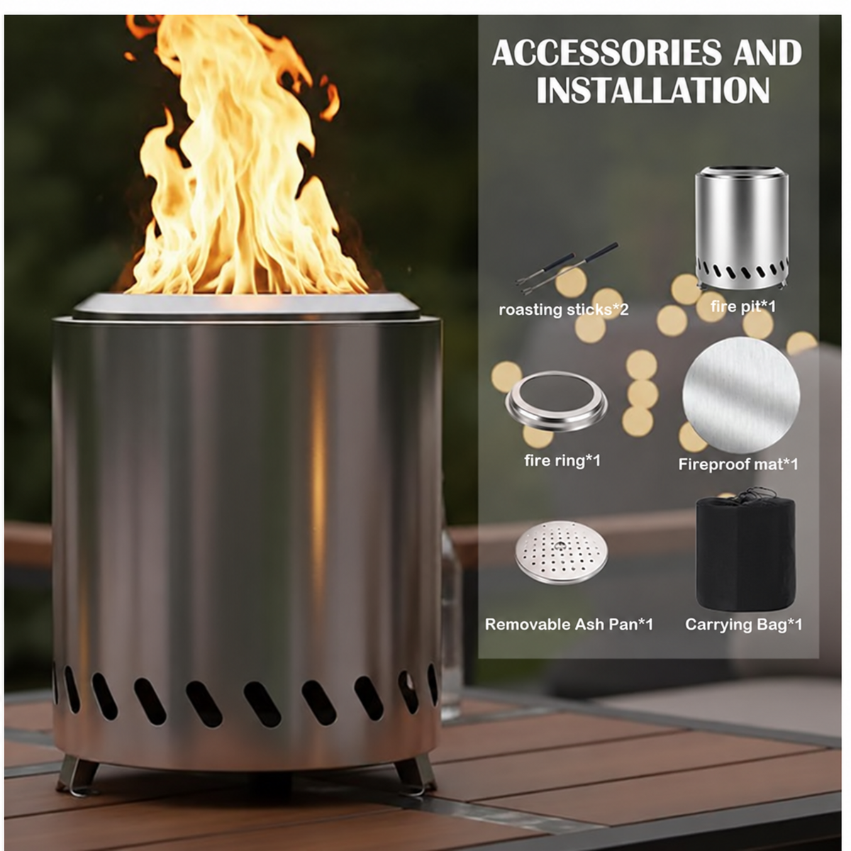 Wownic tabletop fire pit accessories including two roasting sticks, fire ring, fireproof mat, ash pan and carrying bag
