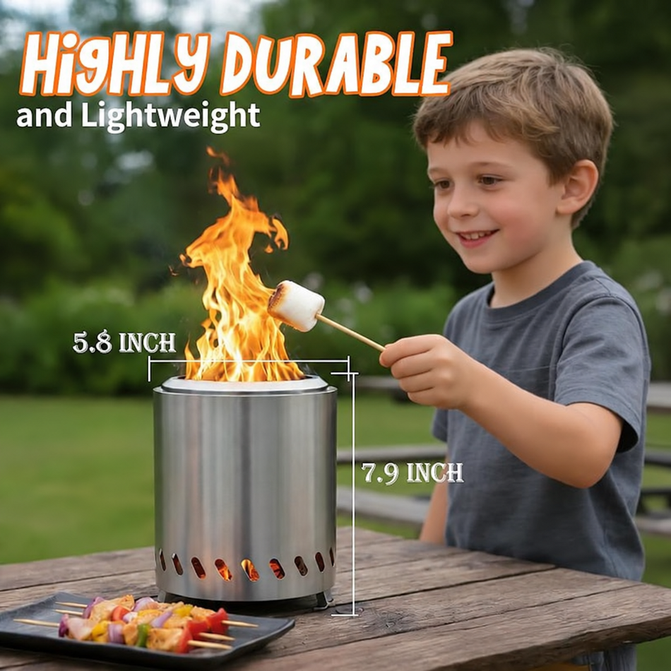 Wownic durable lightweight tabletop fire pit measuring approximately 5.8 inches wide and 7.9 inches tall