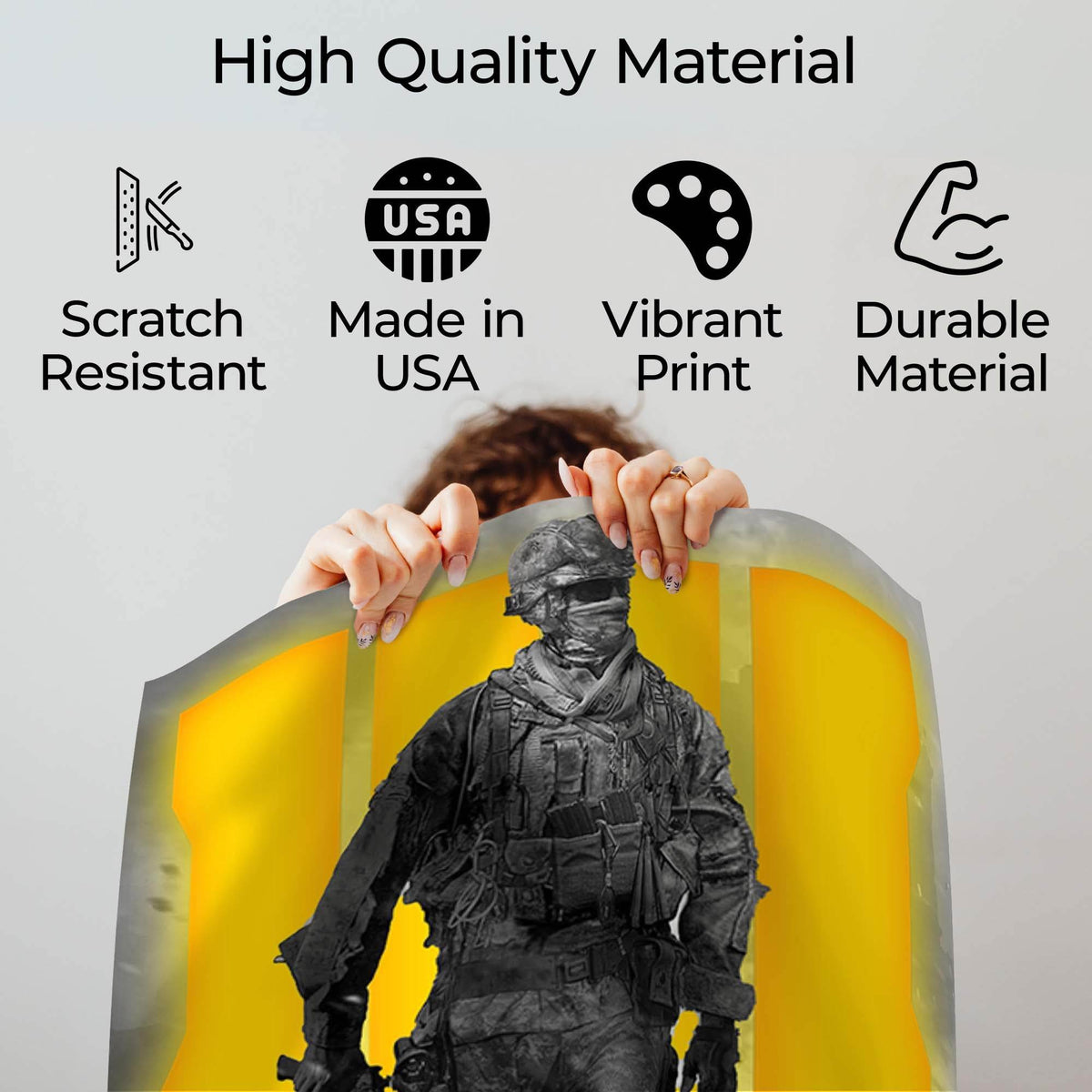 Wownic tactical soldier poster quality guide showing scratch-resistant material, Made in USA, vibrant print and durable construction