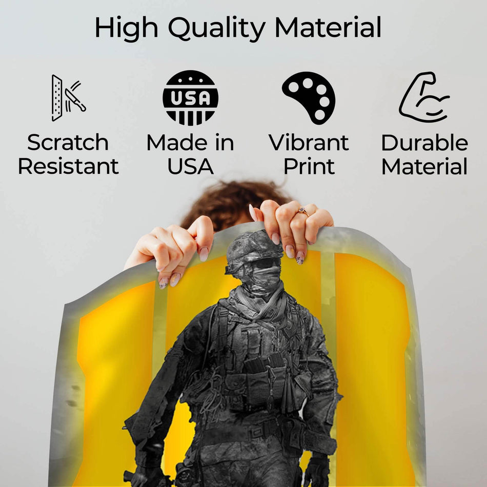 Wownic tactical soldier poster quality guide showing scratch-resistant material, Made in USA, vibrant print and durable construction