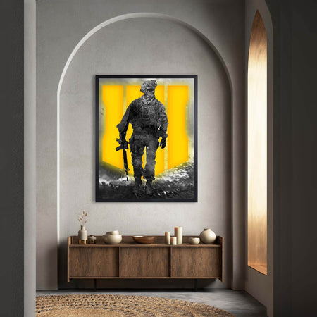 Wownic tactical soldier wall art displayed as framed decor in a modern interior above a wood console