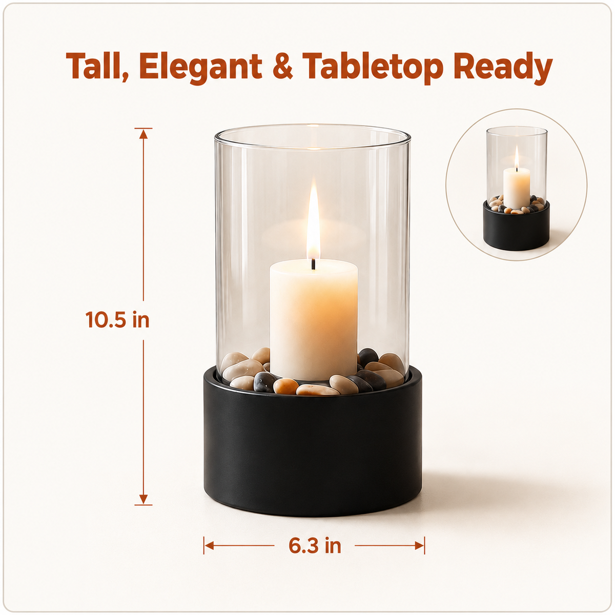 Dimensions of Wownic tall hurricane candle holder and tabletop fire pit, 10.5 inches high and 6.3 inches wide