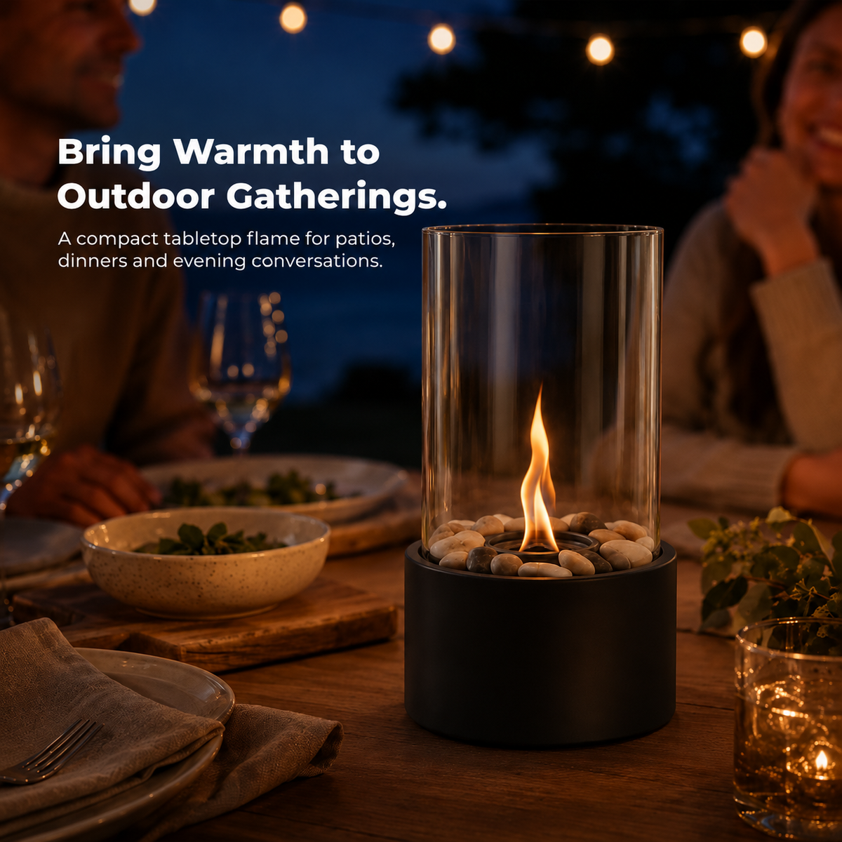 Wownic tall tabletop fire pit creating a warm focal point for outdoor patio entertaining