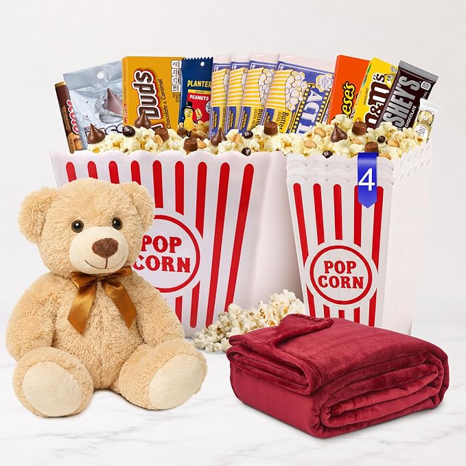 Wownic Valentine's movie night gift set with teddy bear red fleece blanket popcorn bins and chocolate
