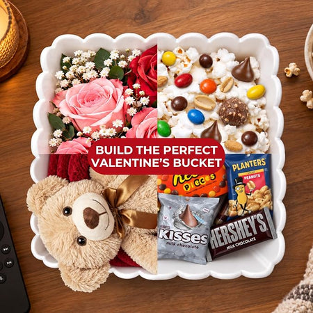 Wownic Valentine's movie night gift basket with flowers teddy bear popcorn and chocolate treats