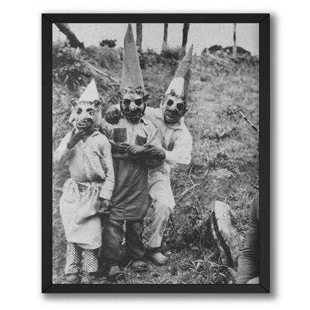 Wownic vintage creepy family photo poster featuring three eerie masked figures in black-and-white horror photography