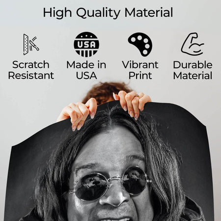Wownic vintage rock portrait poster quality guide showing scratch-resistant material, Made in USA, vibrant print and durable construction