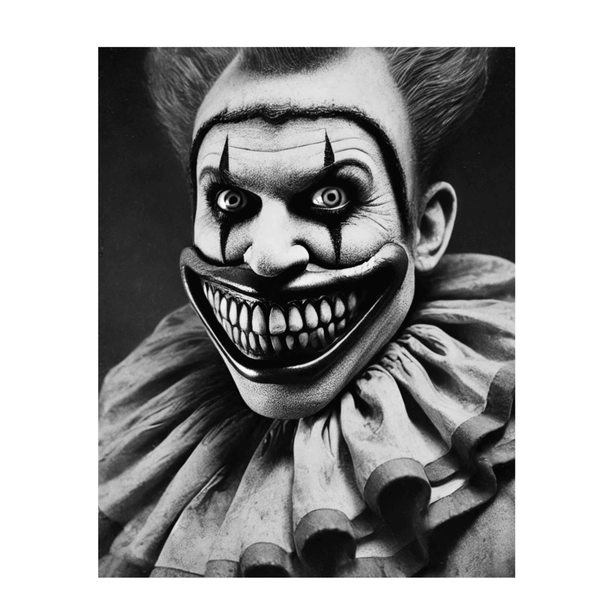 Wownic vintage scary clown poster featuring a black-and-white horror portrait with an exaggerated grin and retro circus styling