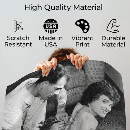 Wownic vintage tattoo scene poster quality guide showing scratch-resistant material, Made in USA, vibrant print and durable construction