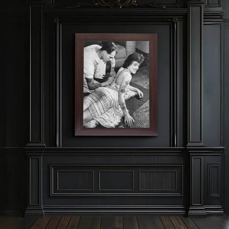 Wownic vintage tattoo scene poster displayed as framed black-and-white wall art in a dark interior