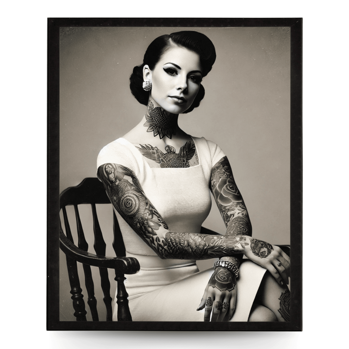 Wownic vintage tattooed woman poster featuring an elegant black-and-white portrait with detailed tattoo artwork